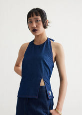 A Model Wearing Blue Cotton Denim Deepwater Denim Halter Blue Top, curated by Only Ethikal